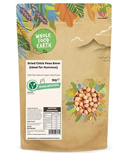 Produktbild: Wholefood Earth Küken-Erbsen, 8 mm (ideal für Humus), gentechnikfrei, natürlich, vegan, milchfrei, ohne Zuckerzusatz, 2 kg