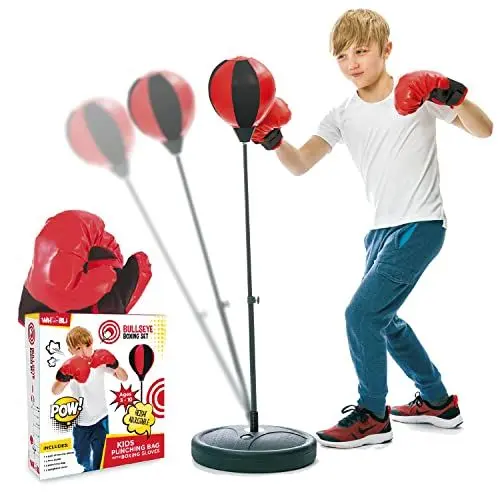 Produktbild: whoobli Boxsack für Kinder inkl. Boxhandschuhe | 3–10 Jahre alt, Verstellbarer Kinder-Boxsack mit Ständer | Boxsack-Set Spielzeug für Jungen und Mädchen (Rot Schwarz): Neu 2023