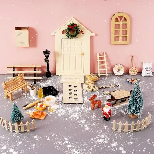 Produktbild: Wichteltür Komplettset, 44 Pcs wichtel zubehör Weihnachten, Miniatur Wichteltür Set, Weihnachtswichtel Komplettset für Kinder Wichtel Deko mit Wichtelhaus, Briefkasten, Stiefel, Zaun, Kranz, Leiter
