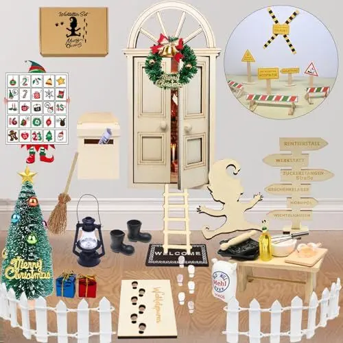 Produktbild: Wichteltür Set Weihnachten, 42PCS Holz Miniatur Wichtel Zubehör Elfentür, Wichteltür Komplettset mit Miniatur Küche Zubehör & Wichtel Baustelle (Stil B)