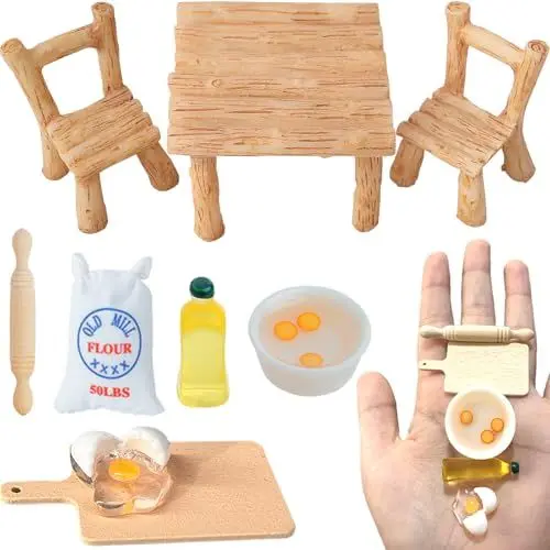 Produktbild: Wichteltür Zubehör, Miniatur Wichtel Zubehör 1/12 Miniatur Puppenhaus Eier Nudelholz Küche Backen Set, Mini Wichtelhaus Tisch und Stühle, Weihnachtswichtel Zubehör, Puppenhaus Mini Möbel