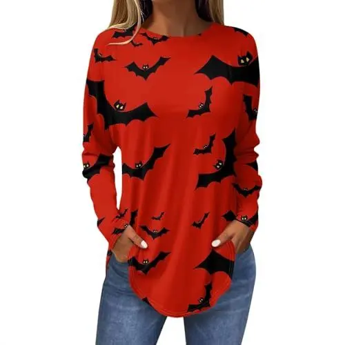 Produktbild: Wickeltop Halloween-Sweatshirts für Frauen 2024 süßes Kürbisgesicht Fledermaus Grafik Rundhals Langarmshirt Top Damen Oberteil (Black, XXXL)