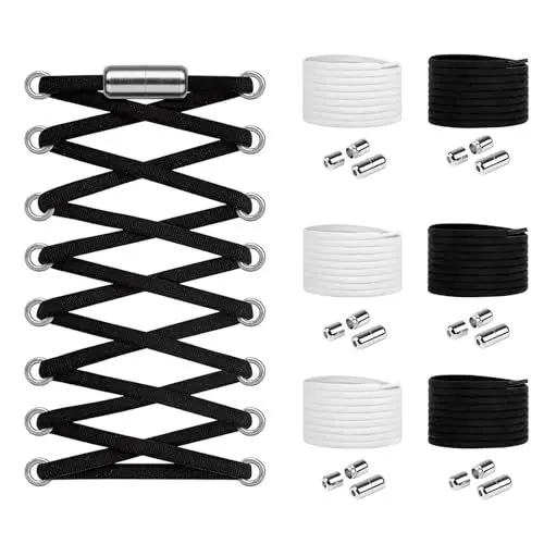 Produktbild: Widamin 6 Paar Flache Elastische Schnürsenkel mit Metallkapsel, Faule Schnürsenkel Ohne Binden, Kinder und ältere Menschen, Schwarz, Weiß，Runde Schnürsenkel