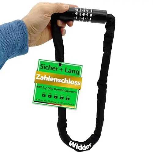 Produktbild: WIDDER Zahlenschloss Kettenschloss (3 Mio Kombinationen, sicher, 105cm lang) Fahrradschloss hohe Sicherheit mit Zahlencode | Fahrrad eBike Roller e Scooter Schloss | 5 stellig Zahlen Code Bike Lock