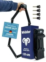 Produktbild: Widder Sehr sicheres Fahrradschloss Faltschloss 120cm mit 4 Schlüsseln | Faltschloss Fahrrad mit Halterung | ideal als E Bike Schloss, E Scooter Schloss, Fahrräder & Bike Lock