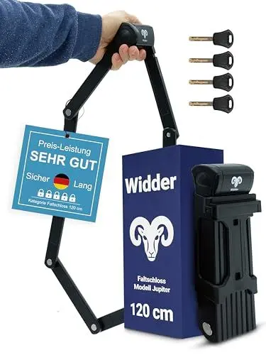 Produktbild: Widder Sehr sicheres Fahrradschloss Faltschloss 120cm mit 4 Schlüsseln | Faltschloss Fahrrad mit Halterung | ideal als E Bike Schloss, E Scooter Schloss, Fahrräder & Bike Lock