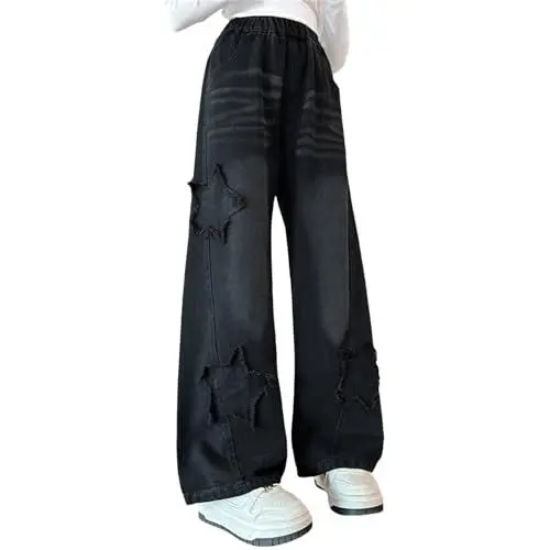 Produktbild: Wide Leg Jeans Mädchen Ästhetische Jeanshose mit Gummizug Weites Bein Outdoorhose Breite Hose High Waist Freizeithose y2k Jeans Girls Mode Hip Hop Hosen für Kinder/Teenager (Black, 10-11 Years)