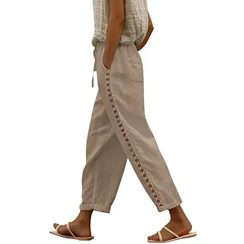 Produktbild: Wide Leg Pants Women Set Luftig Baumwolle Leinen Sommerhose Leichte Stoffhose Sommerhose Gerades Bein Damen Viskose-Hose Für Damen Damen Kleidung Sommer Arbeitshosen Loose Freizeithose(3-Khaki,M)