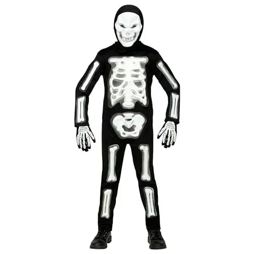 Produktbild: W WIDMANN MILANO Party Fashion - Kinderkostüm 3D-Skelett, 4-teilig, Weiß-Schwarz, Overall, Maske, Kapuze & 1 Paar Handschuhe, Totenkopf, Knochen, Kostüm, Verkleidung, Mottoparty, Karneval, Halloween