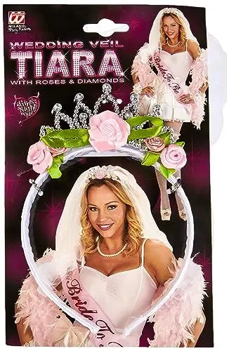 Produktbild: W WIDMANN MILANO Party Fashion 07063 - Tiara mit Brautschleier, mit Rosen und Diamanten, Kopfschmuck, Haarreifen, Junggesellinnenabschied, Accessoire, Kostümzubehör, Mottoparty Karneval