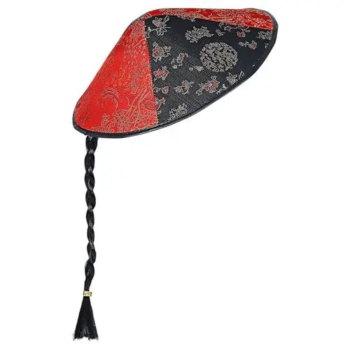 Produktbild: W WIDMANN MILANO Party Fashion 2595C - Chinesen Hut mit Zopf, aus Satin, Schwarz/Rot, Hut, Kopfschmuck, Accessoire, Mottoparty, Karneval
