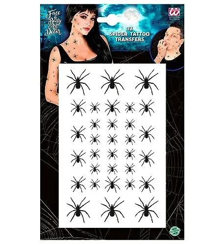Produktbild: W WIDMANN MILANO Party Fashion 40887 - Spinnen-Tattoos im Set, 32-teilig, für Gesicht und Körper, schwarze Spinnen in 3 Größen, Make-Up, Schminke, Sticker, Kostüm, Halloween, Mottoparty