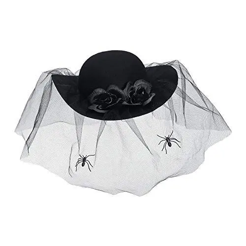 Produktbild: Widmann 68578 - Hut der Schwarzen Witwe, verziert mit Rosen, Schleier und Spinnen, Schwarz, Hut, Accessoire, Zubehör, Karneval, Halloween, Mottoparty