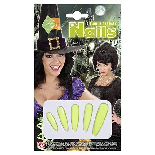 Produktbild: Widmann 7890N - Maxi-Kunstnägel, 20-teiliges Set, nachtleuchtend, 10 lange Hexennägel mit 10 Klebepads, Halloween, Karneval, Mottoparty, Kostüm, Accessoire, Make-Up, Vampir