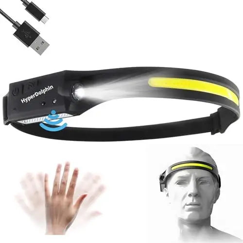 Produktbild: Wiederaufladbare LED-Stirnlampe mit Breitstrahl, 350 Lumen, 5 Modi, Bewegungssensor, Typ-C USB, Wasserdicht, 230° Beleuchtung, Leicht & Komfortabel – Ideal für Laufen, Angeln, Radfahren, Camping