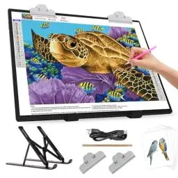 Produktbild: Wiederaufladbarer A3-Lichtkasten mit Ständer/Clips, LED-Lichtpad mit 3000-mAh-Akku, 3 Farben dimmbar und 6-stufiger Dimm-Leuchttisch für Diamantmalerei, Zeichnen, Skizzieren, Tätowieren, Vinyl-Jäten