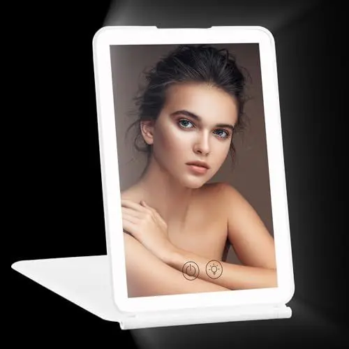Produktbild: Wiederaufladbarer Spiegel mit Beleuchtung, 72 LEDs, 3 Farblichter, dimmbarer Touchscreen Schminkspiegel Kosmetikspiegel, klappbar ultraschlanker Reisespiegel mit 1000mAh Batterie Make up Mirror