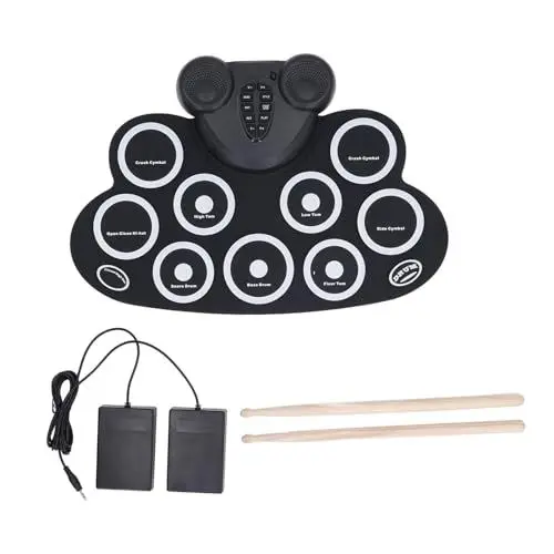 Produktbild: Wiederaufladbares Elektronisches Schlagzeug, 9-Pad-Roll-Up-Drum-Kit mit Kopfhörer, Tragbares Digitales Elektrisches Schlagzeug-Set für Kinder und Erwachsene, Toller