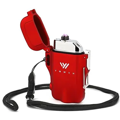 Produktbild: Wiederaufladbares USB-Feuerzeug, YMWVH Winddichtes Lichtbogenfeuerzeug Wasserdichtes, flammenloses elektrisches Feuerzeug für Outdoor-Abenteuer, Survival Tactical, Camping-Gadgets(Red)