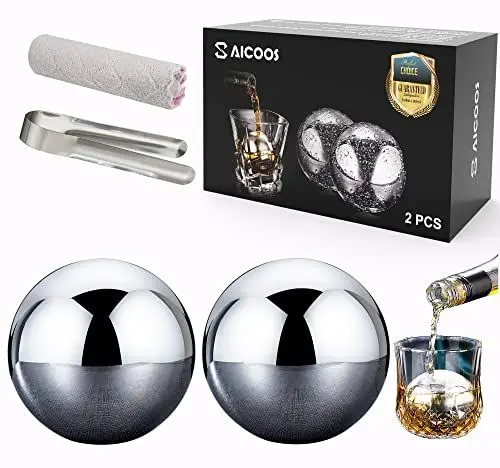 Produktbild: Wiederverwendbare Eiswürfel Kugel 2 Stück - Ice Cube Rund, Whiskystein, Edelstahl-Eiswürfel mit High Cooling-Technologie, verwendet für Whisky, Wodka, Likör, Wein(55mm)