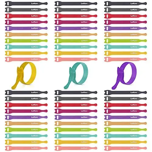 Produktbild: Wiederverwendbare Kabelbinder mit Klett, Lekou Klettkabelbinder Kabelklett Seilklett mit Klettverschluss, 15cm Schnurbinder Gurt Klettbänder für Kabel und Kabelmanagement (60 Stück)