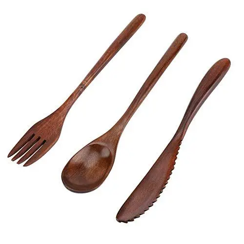 Produktbild: Wiederverwendbares Holzbesteck Set, Gabel Löffel Messer Set aus Natürlichem Holz, Geschirr Kit Im Japanischen Stil, Campingbesteck, Rot blaue Aufbewahrungstasche Optional(#1 Fork+Knife+Spoon)