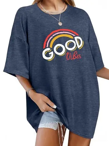 Produktbild: WIEIYM Damen Oversized Good Vibes Regenbogen T-Shirt Brief Gedruckt Tops Casual Tshirts Rundhals Kurzarm Teenager Mädchen Lässig Sommer Oberteile,Marine,2XL