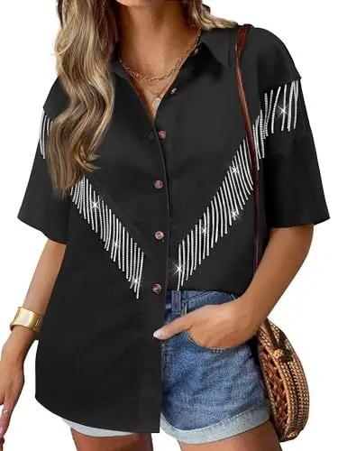 Produktbild: WIEIYM Damen Pailletten Jacke Rhinestones Fransen Knöpfen Glitzer Jeansjacke Konzert Outfits Kurzarm Quasten Tshirt College Party Jacken Rave Oberteile,Schwarz,XL