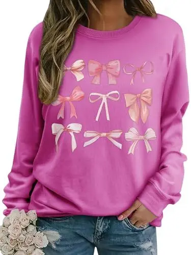 Produktbild: WIEIYM Damen Sweatshirt Rundhals Drucken Langarm Pullover Herbst Winter Frauen Langarmshirt Locker Oberteil Sport Streetwear Sweatshirts Bluse Tops,Rose,L