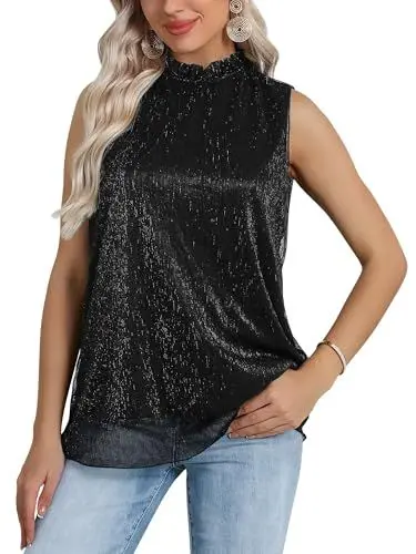 Produktbild: WIEIYM Damen Tank Top Sommer Elegant Glitzer Oberteile Camisole Ärmellos Tanktops Rüschen Rundhals Blusentop Sexy Vest Top Bluse Party Club Cocktail Vest Shirts,Schwarz,L