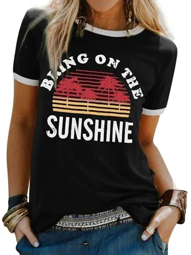 Produktbild: WIEIYM T-Shirt Damen Bring On The Sunshine Tshirt Sommer Lässig Tee Shirt Rundhals Kurzarm T-Shirts Brief Gedruckt Bluse Tops,A-Schwarz,M