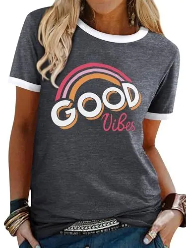 Produktbild: WIEIYM T Shirt Damen Good Vibes T-Shirt Kurzarm Rundhals Sommer Baumwollmischung Tshirt Tops(Dunkelgrau,L)