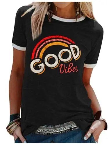 Produktbild: WIEIYM Damen Good Vibes T-Shirt Kurzarm Rundhals Regenbogen T Shirts Sommer Oberteil Frauen Lässig Bluse Sport Tops(Schwarz,M)