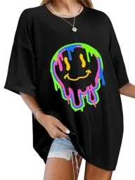 Produktbild: WIEIYM Tshirt Damen Oversized T-Shirt Rundhals Kurzarm Lose Top Sommer T-Shirts Tops Shirt Oberteile Frauen Gedruckt Lässig Oberteile Bluse,A1-Schwarz,XL