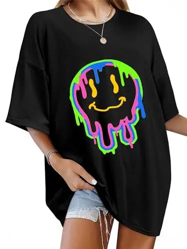 Produktbild: WIEIYM Tshirt Damen Oversized T-Shirt Rundhals Kurzarm Lose Top Sommer T-Shirts Tops Shirt Oberteile Frauen Gedruckt Lässig Oberteile Bluse,A1-Schwarz,XL