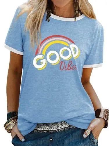 Produktbild: WIEIYM Tshirt Damen Rundhals Kurzarm T-Shirts Sommer T Shirts Good Vibes Regenbogen Brief Gedruckt Lässig Tee Shirts Oberteile Tops,A-Hellblau,M