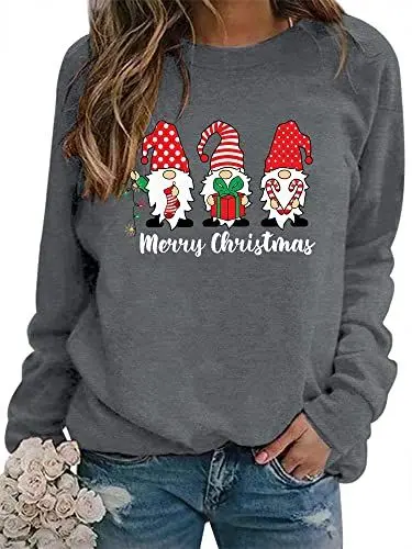Produktbild: WIEIYM Weihnachtspullover Damen Damen Sweatshirt Langarmshirt Weihnachtsbaum Druck Rundhals Langarm Pullover Herbst Winter Weihnacht Casual Christmas Sweat Oberteile,A-Grau,S