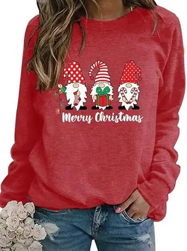 Produktbild: WIEIYM Weihnachtspullover Damen Damen Sweatshirt Langarmshirt Weihnachtsbaum Druck Rundhals Langarm Pullover Herbst Winter Weihnacht Casual Christmas Sweat Oberteile,Wassermelonenrot,L