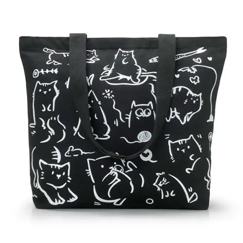 Produktbild: WIERAEM Niedliche Katzen Canvas Tote Bag Aesthetic, Einkaufstasche für Damen, mit Reißverschluss und Innentaschen Tragetasche, Baumwolle Tasche Wiederverwendbare Schwarz