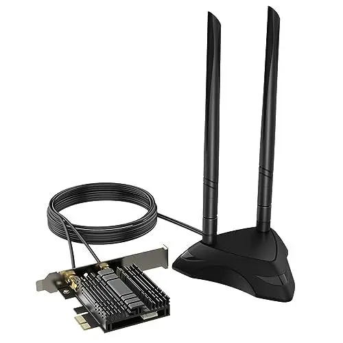 Produktbild: WiFi 6E PCIE WiFi Adapter, 5400 MBps Übertragungsgeschwindigkeit, 110 Kanäle 160 MHz, DMA und Ax Mu Mimo Technologieunterstützung, 2,4 GHz 5,8 GHz 6 GHz Triple Band, 2X6dbi Antennen