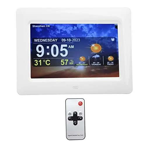 Produktbild: WiFi 7-Zoll-Digitaluhr, 5 Sätze Alarmerinnerungen, Wettervorhersage, Digitale Kalenderuhr mit Fernbedienung für Senioren und Kinder, Unterstützt das Abspielen von Fotos, Videos