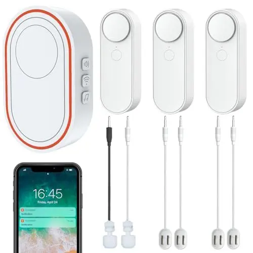 Produktbild: Wi-Fi-Wassermelder-Kit, 1 Smart Hub, 3 Drahtlose Sensoren, 4 Leckage-Sonden, 2 Schwimmer-Sonden für den Wasserstand, Hoch/Niedrig/Leck Können Gleichzeitig Erkannt Werden, APP-Überwachung,5M-Leitung