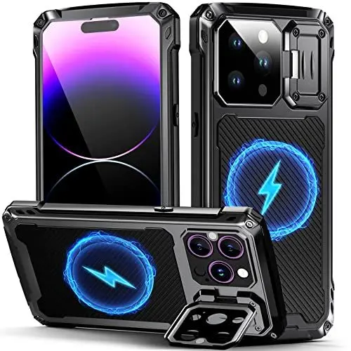 Produktbild: WIFOR für iPhone 14 Pro Max Metall Hülle, kompatibel mit MagSafe, Handyhülle mit Kameraschutz Ständer, Militärnorm Sturzsfest Schutzhülle Heavy Duty Case mit Eingebautem Displayschutz, Schwarz