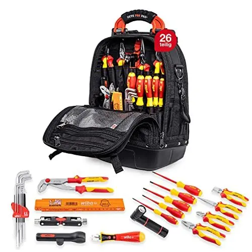 Produktbild: Wiha Profi Werkzeugrucksack bestückt mit Werkzeug 26-teilig (45153) für Elektriker I Werkzeugtasche, ergonomisches Rückenbett, wasserfester Standboden, aufhänge Ösen, Werkzeugkoffer