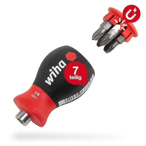 Produktbild: Wiha Schraubendreher Stubby mit Bit Magazin magnetisch (33741) I Schlitz, Kreuzschlitz I mit 6 Bits, 1/4