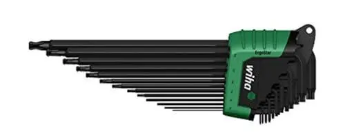 Produktbild: Wiha TORX Kugelkopf, schwenkbar für schwer zugängliche Bereiche,  Stiftschlüsselsatz im ErgoStar Halter zum Auffechern der einzelnen Schlüssel/ Stiftschlüssel-Set mit Sechskant-Klingen und Kugelkopf, schwenkbar für schwer zugängliche Bereiche,  in praktischer Halterung / Brüniert, 13 teilig