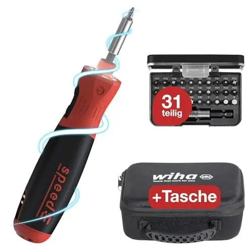 Produktbild: Wiha elektrischer Schraubendreher speedE PocketDrive 31-tlg. I mit Bit-Set in Box und Tasche I 1,0 Nm + 5,0 Nm I Akkuschrauber in Aufbewahrungsbox mit USB-Ladekabel (45791)