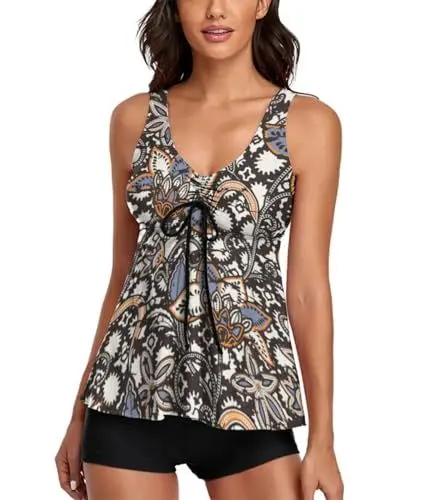 Produktbild: wihnsinop Tankini Damen Bauchweg Badeanzug Push Up Oberteil mit Badeshorts Bademode Set Zweiteiler Sommer Drucken Badeanzüge für Damen Strand Ferien Freizeit