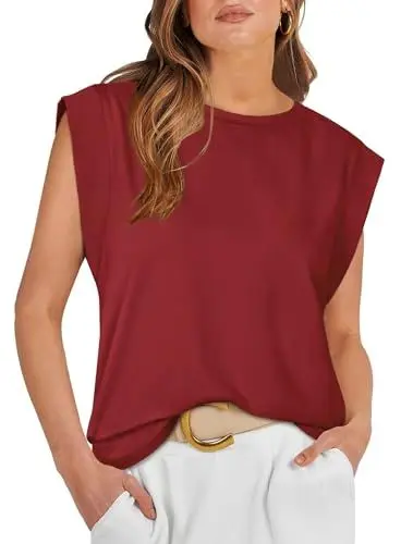 Produktbild: WIHOLL Bluse Damen Elegant Tshirt Top Bluse Tunika Oberteile Blusentops Sommer Locker ärmellos Kurzarm Weste Rot M