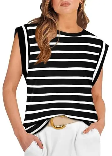 Produktbild: WIHOLL Damen Oberteile Tshirt Tank Top Tunika Bluse Blusentops Weste Elegant Sommer Locker ärmellos Kurzarm Weiß Gestreift XL